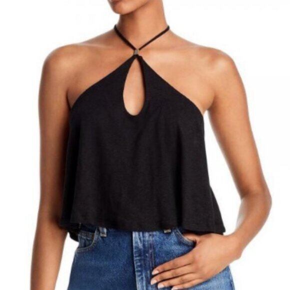 Free People Long Weekend Keyhole Halter Top Cropped Strappy Black Boho Shirt LG - Picture 1 of 8